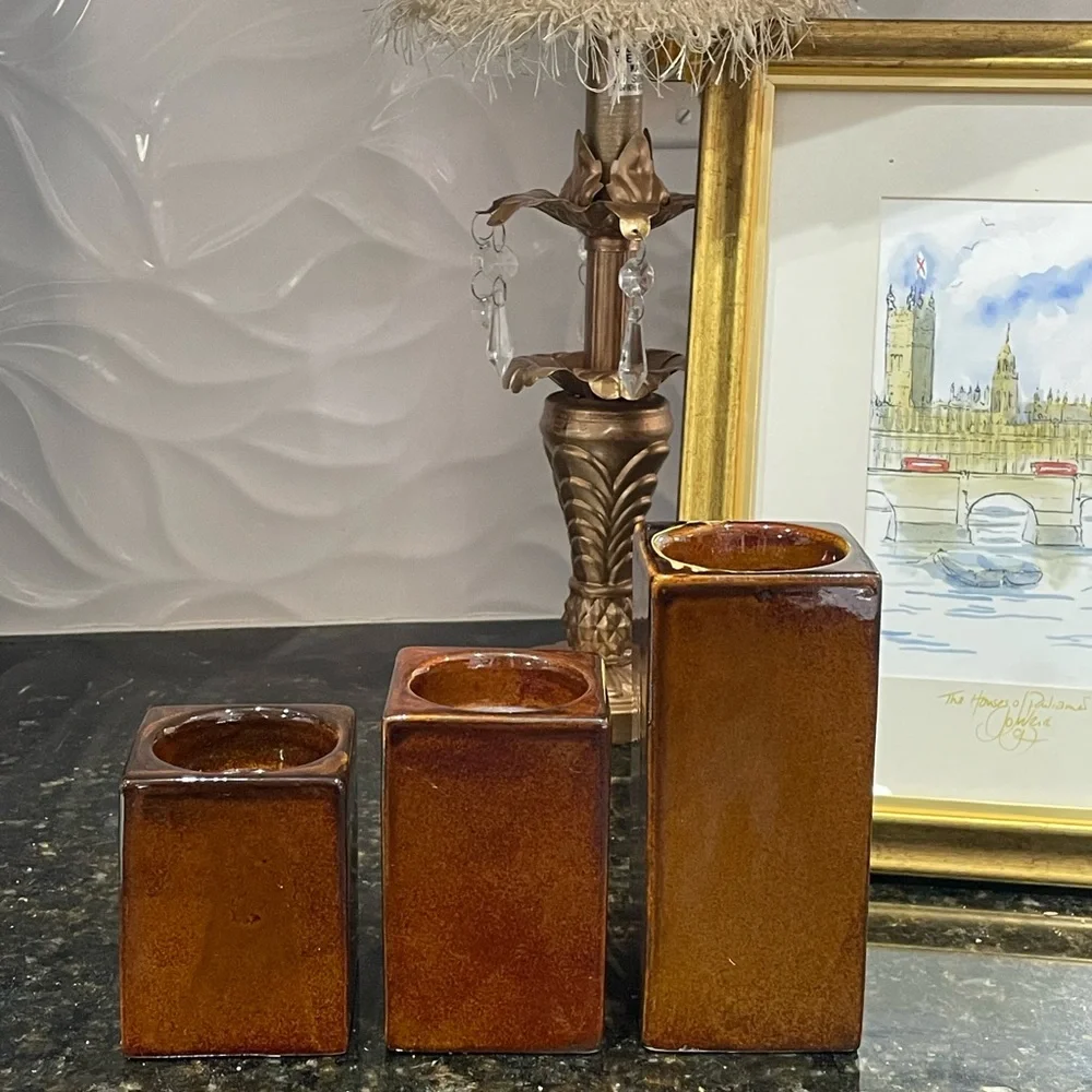 3 Vintage MCM candle holders. Pillar votive candle holders. Glazed ceramic brown